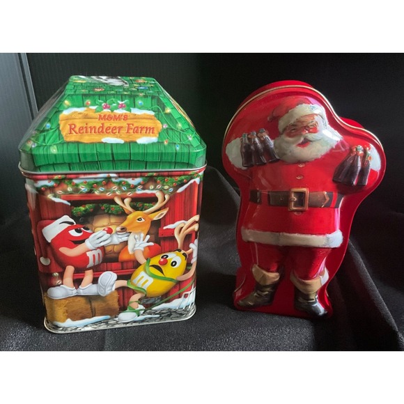 Coca-Cola Other - LOT 2 CHRISTMAS COLLECTIBLE TIN BOXES SANTA COKE TIN, M&M'S REINDEER HOLIDAY TIN